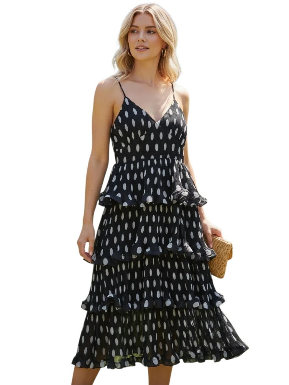 Mew Mews Black & White Polka Dot Tiered Midi Sundress W/Spaghetti Strap Sz Small